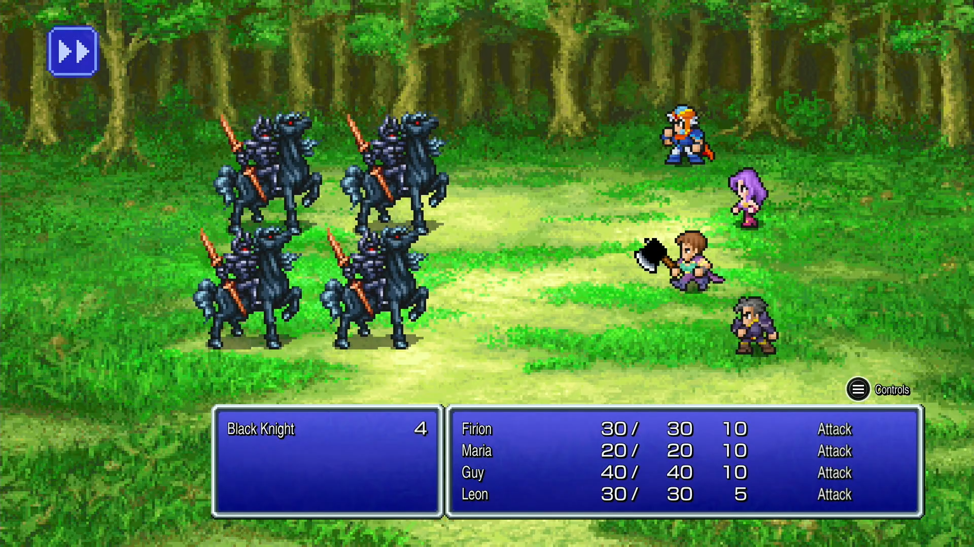 Opening scene in Final Fantasy 2 showing Firion, Maria, Guy and Leon after being defeated