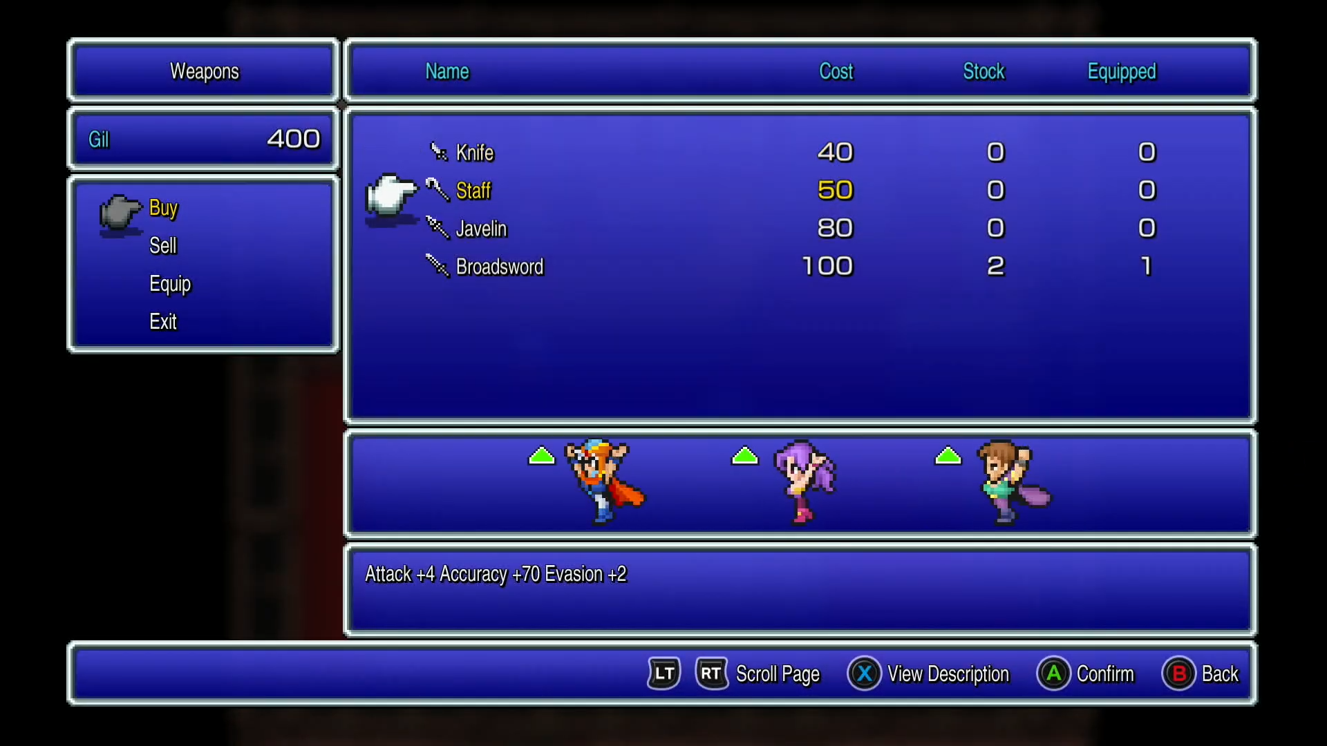 Altair's equipment shops showing recommended starter gear