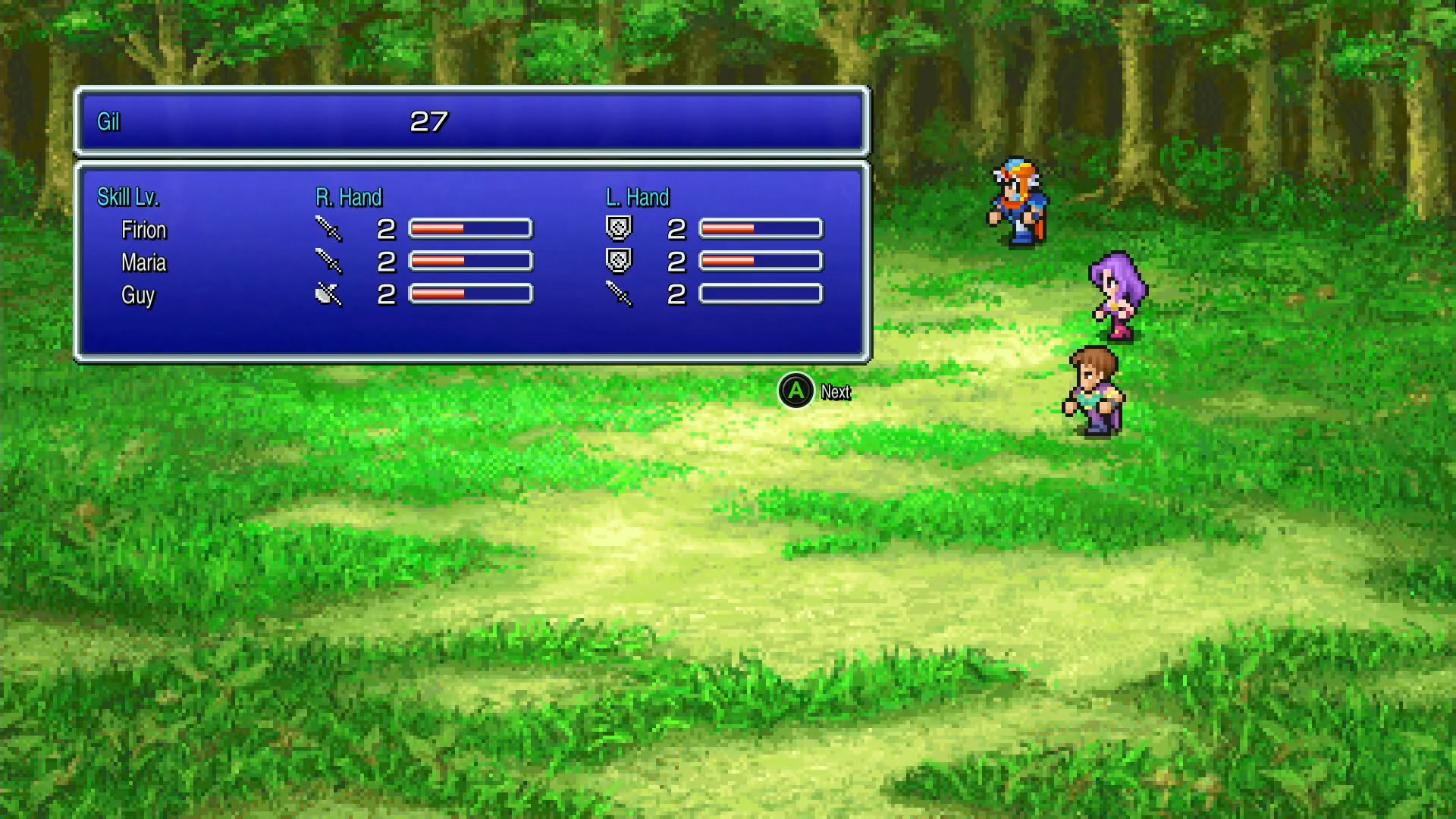 Final Fantasy 2's skill-based leveling system showing weapon and magic progression