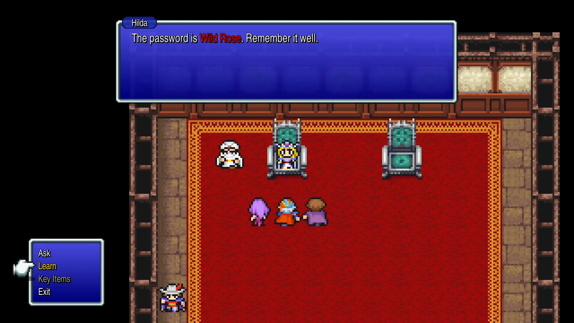 Princess Hilda teaching the Wild Rose password to Firion and the party